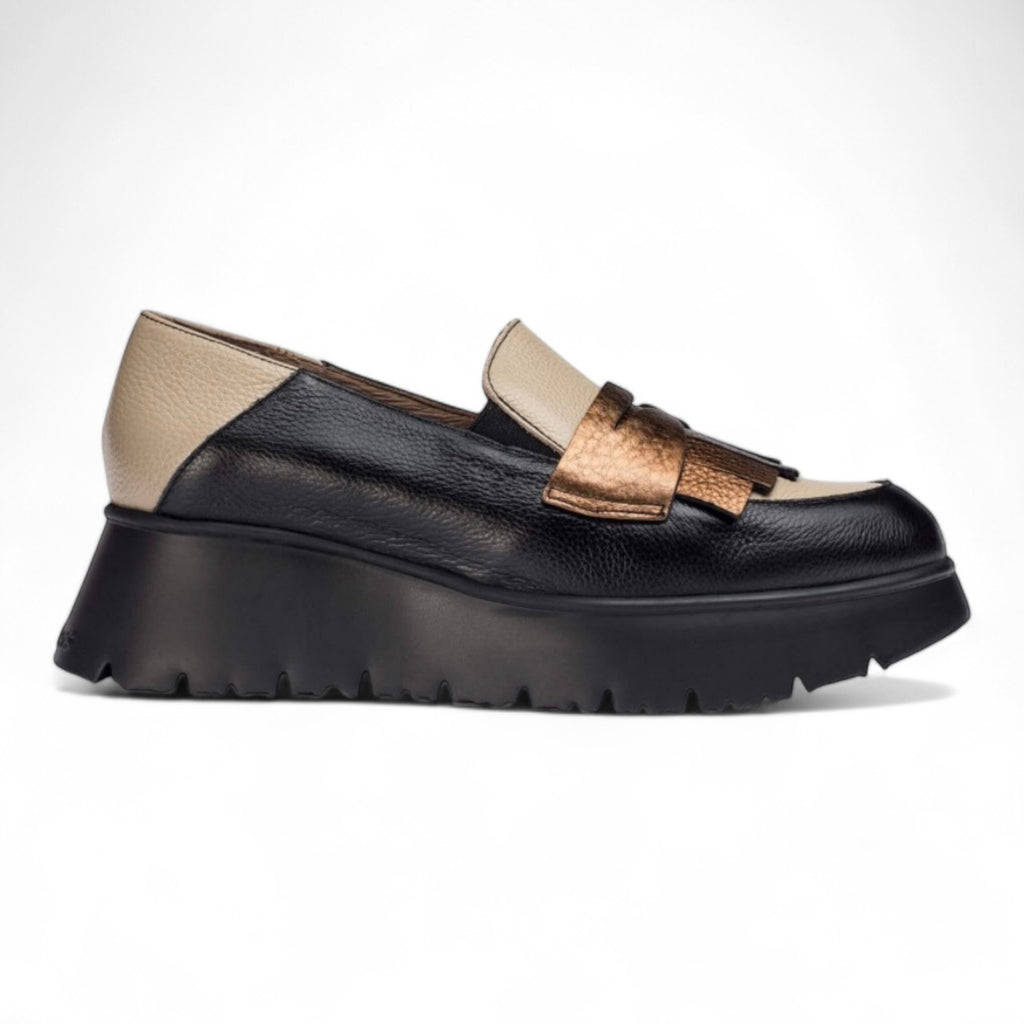 Wonders Gold, Black & Cream Leather Loafers