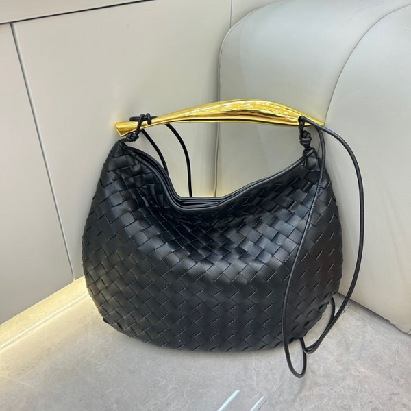 Black Weave Handbag With Statement Gold Handle