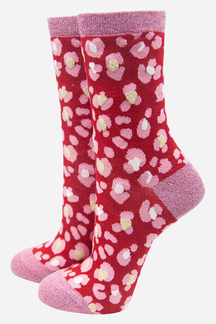 Red & Pink Leopard Print Shimmer Socks