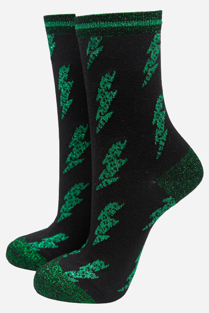 Black & Green Lightening Bolt Shimmer Socks