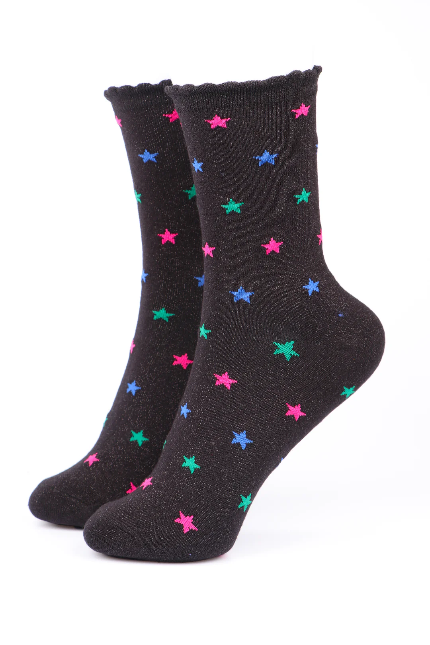 Black & Multi Coloured Star Shimmer Socks