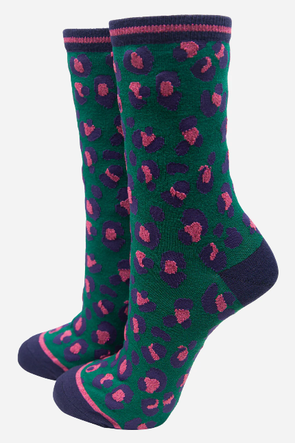 Green & Pink Leopard Print Shimmer Socks