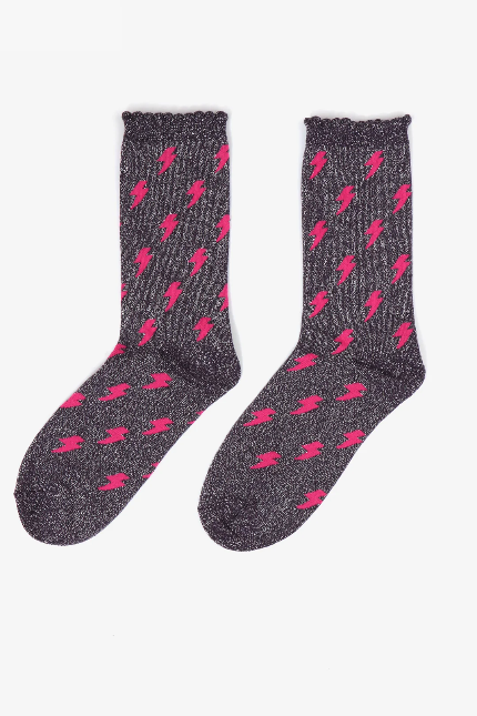 Navy & Pink Lightening Bolt Shimmer Socks