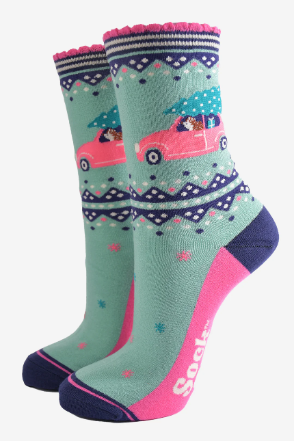 Green & Pink Christmas Hedgehog Socks