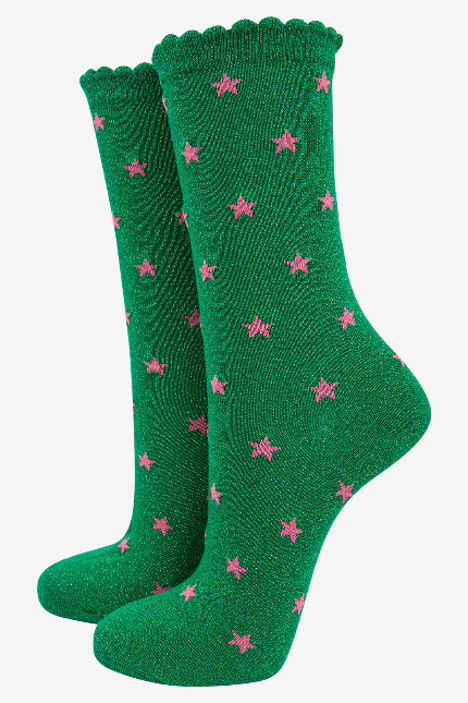 Green & Pink Star Shimmer Socks