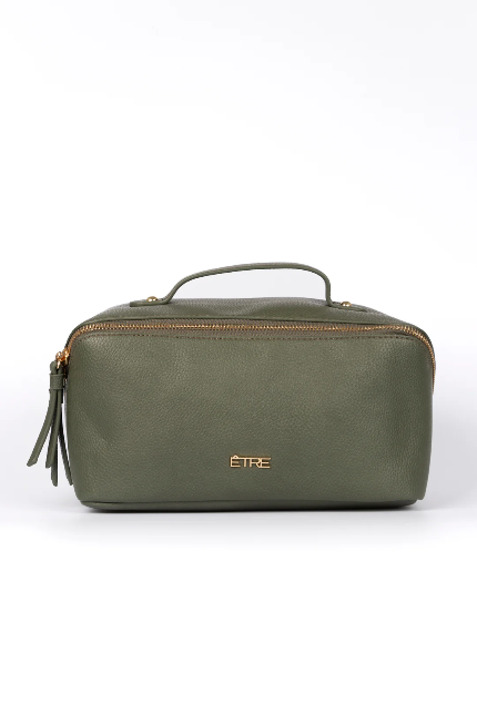 Mila Khaki Pebbled Faux Leather Vanity Bag