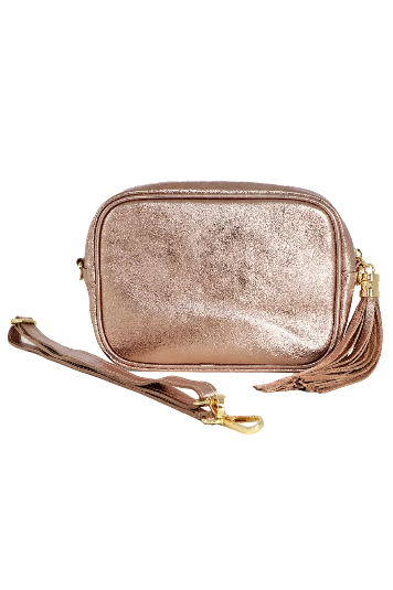 Metallic Champagne Italian Leather Crossbody Handbag