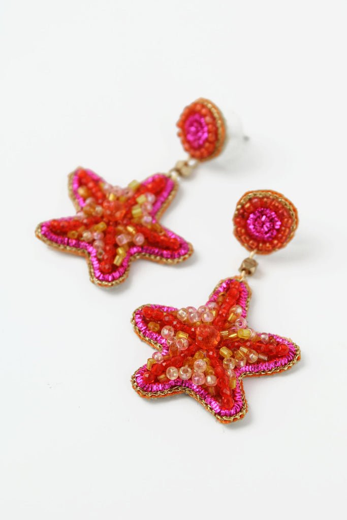 Pink Beaded Starfish Earrings