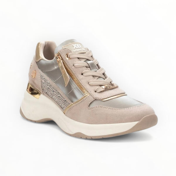 XTI Ladies Beige Wedge Trainers with Diamonte & Gold Details