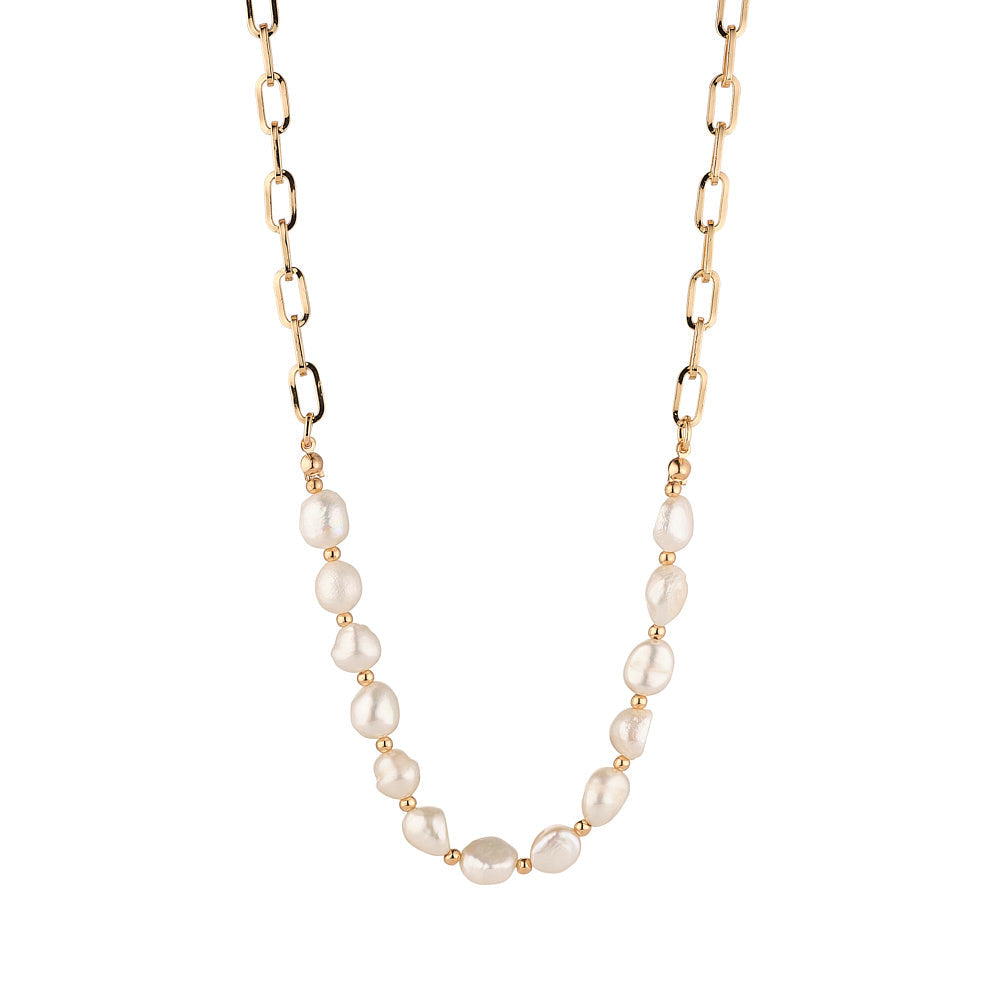 Freshwater Pearl & Gold Paperclip Layered Necklace