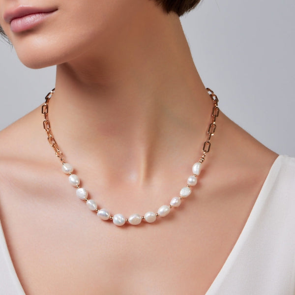 Freshwater Pearl & Gold Paperclip Layered Necklace