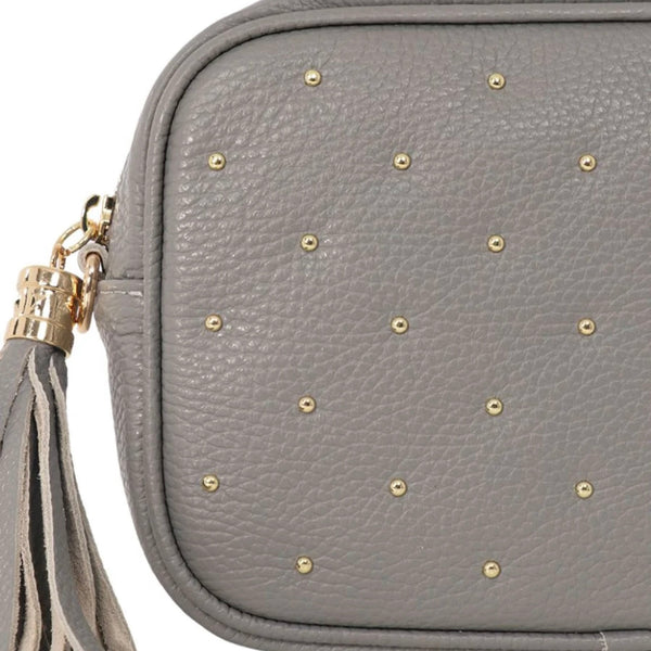 Grey & Gold Studded Italian Leather Handbag